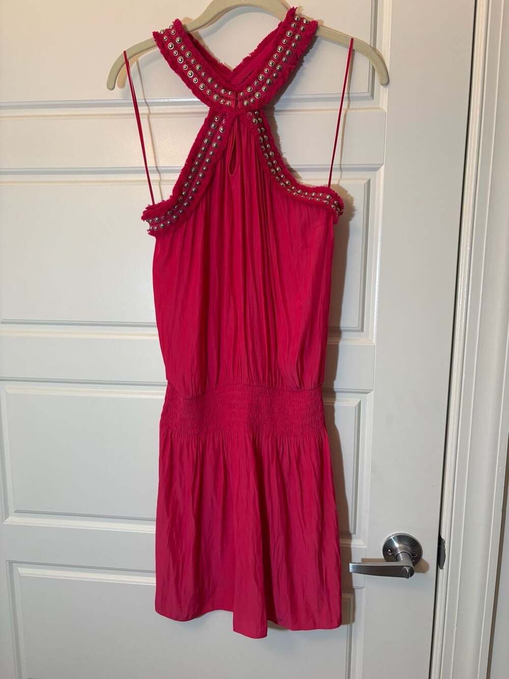 Ramy Brook Alara Hot Pink Halter Mini Dress with Studded Frayed Trim - Picture 3 of 9